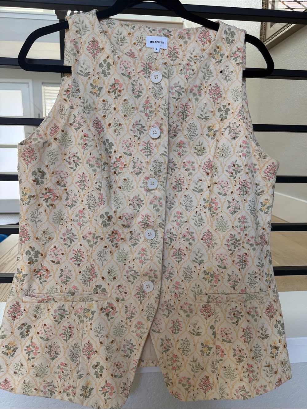 AUREUM Butter Yellow Eyelet Floral Button Vest with Pastel Accents